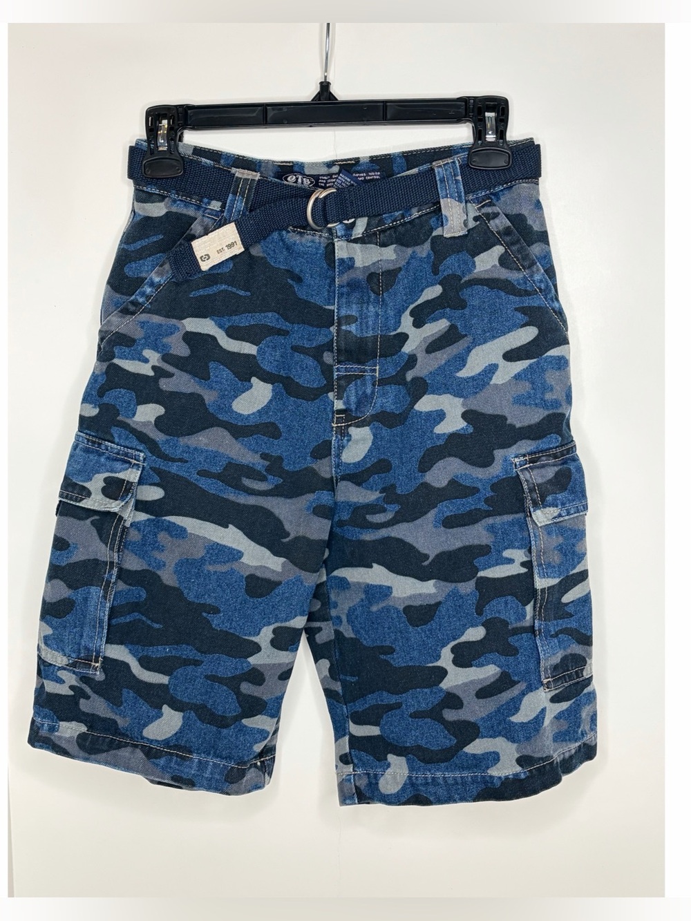 OTB One Tough Brand Y2K 90s Vtg Kids Blue Camo Cargo Shorts Belted Sz 14